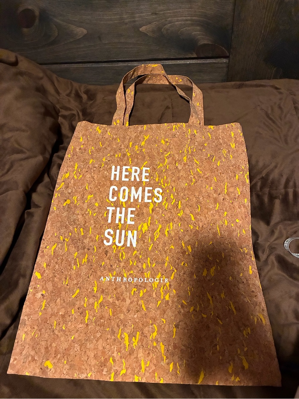 Anthropologie Cork Tote with Yellow Fleck and White Text